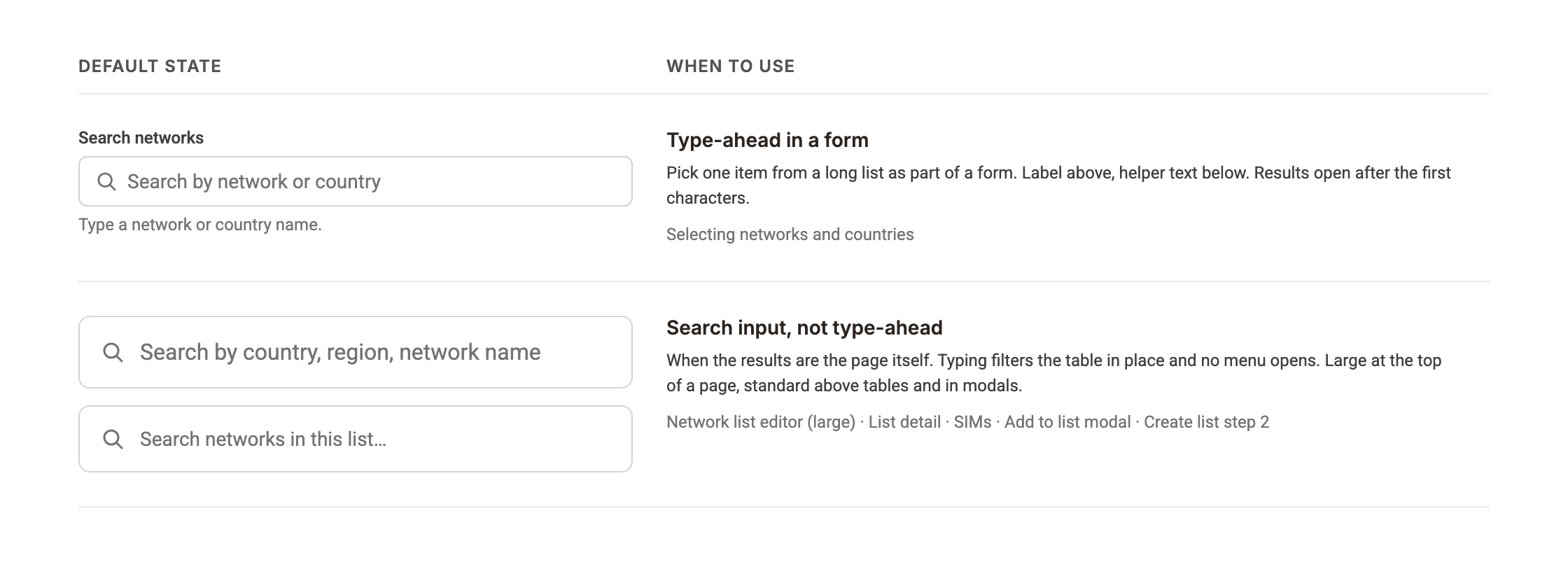When to use type-ahead in a form, and when a search input that filters the page in place fits better